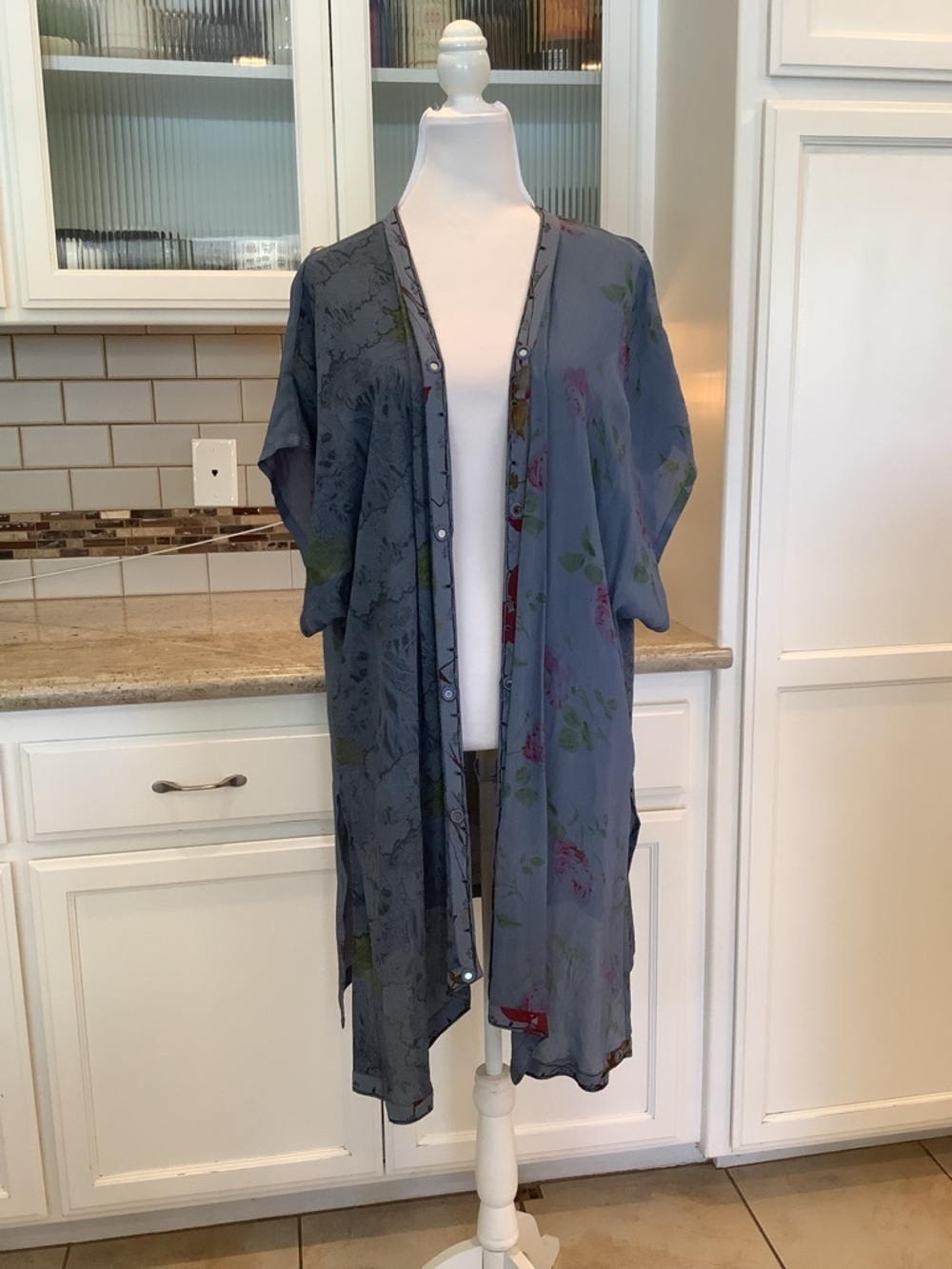 Tienda Ho Lightweight Floral Open Front Kimono - Slate Blue 100% Rayon